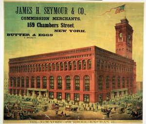 Poster advertising James H. Seymour & Co. Commission Merchants at the New York Produce Exchange, engraved by Sacket, Wilhelms and Betzig, c.1885