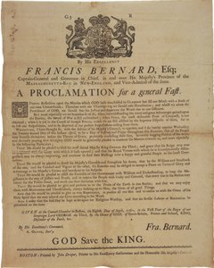 Proclamation in the name of Francis Bernard, Governor of Massachusetts Bay: announcing a day of fasting during French & Indian War, 8th April, 1761 by American School