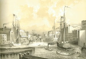 Rush Street Bridge, View from State Street, from Chicago Illustrated, with Literary Descriptions by James W. Sheahan, Published by Jevne & Almini, Chicago