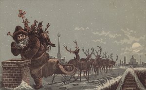 Santa and Reindeers Delivering Presents