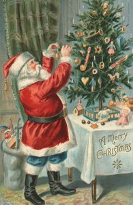Santa Claus Decorating a Christmas Tree by American School