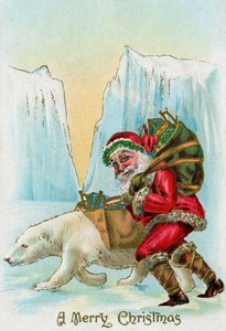 Santa Claus with a Polar Bear at the North Pole by American School