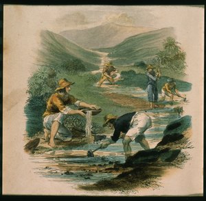 Scene on the Branch of the Sacramento in 1597, illustration from California, its past history, its present position, its future prospects by G.A. Fleming, 1850