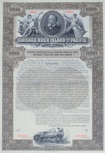 Specimen bond certificate for 1000 dollars for the Chicago, Rock Island and Pacific Railway Company, 1898
