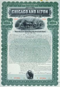 Specimen bond certificate for 1000 dollars for the Chicago and Alton Railroad Company, 1899 by American School