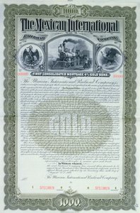 Specimen bond certificate for 1000 dollars for the Mexican International Railroad Company, 1897 by American School