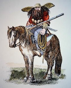 Texas Ranger cartoon, depicting the urban eastern view of the wild and hairy Ranger by American School