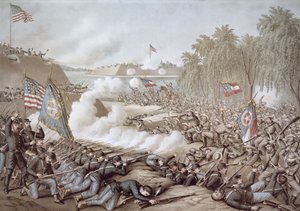 The Battle of Corinth, 3rd-4th October 1862, showing flags of North and South, by Kurz & Allison by American School