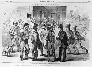 The Naturalisation Office Day Before Election, published in Harpers Weekly, November 7 1857