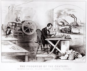 The Progress of the Century: The Lightning Steam Press, the Electric Telegraph, the Locomotive and the Steamboat, pub. by Currier & Ives, 1876