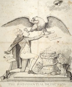 The Providential Detection, cartoon depicting Thomas Jefferson trying to destroy the Constitution by American School