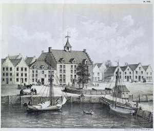 The Stadthuys of New York in 1679, Corner of Pearl Street and Coentijs Slip, from Journal of a Voyage to New York in 1679-80 by Jasper Danckaerts and Peter Sluyter