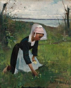 Breton Girl Picking Flowers