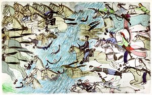 American Cavalry Retreating Across a River Pursued by Native American Warriors, c1900 by Amos Bad Heart Buffalo