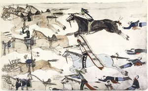 Battle of Little Big Horn 25-26 June 1876. Retreat of US 7th Cavalry battalions under Major Marcus Reno. Painting by Amos Bad Heart Buffalo (Sioux) c. 1900