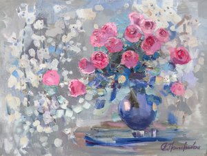 Vibrant Pink Roses Blue Vase by Anastasiia Grygorieva