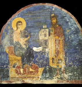 Grand Prince Yaroslav II Vsevolodovich with model of the Nereditsa Church before Christ, 12th century