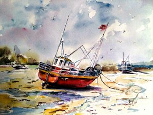 Beached Fishing Boats Low Tide