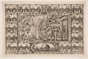 Sophie Brockenhuus and Four Geniuses, Surrounded by Ancestral Shields. From Funeral Sermon by Anders Ottesen