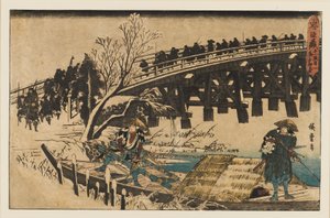 Woodblock Print - Two Men in a Boat Under a Bridge by Ando Hiroshige