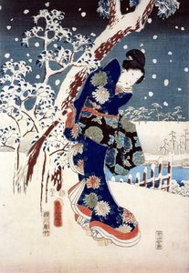 Snow Scene in the Garden of a Daimyo, part of Triptych by Ando or Utagawa Hiroshige