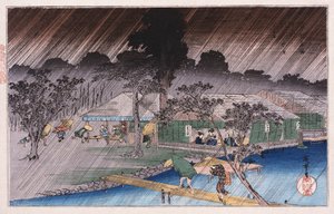 Twilight Shower at Tadasu Bank, from the series Famous Places of Kyoto by Ando or Utagawa Hiroshige