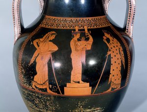 Attic red-figure amphora depicting a citharede performing in a musical competition, c.525-520 BC