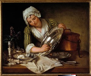 Domestic servant polishing the silver. Painting by Andre Bouys 1737. Paris, Decorative Arts