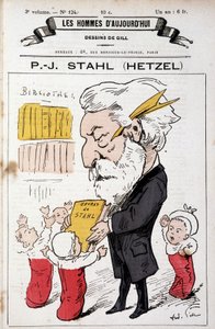 Portrait-charge of Pierre Jules Hetzel offering Stahl