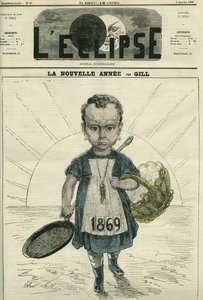 The New Year, Illustration of a Little Girl Holding a Stove and a Basket of Eggs by Andre Gill