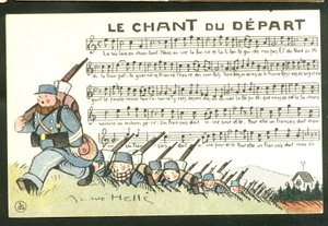 Postcard, Satirical in Colors: The Song of the Depart - War of 14-18, Soldiers Illustration by Andre Helle