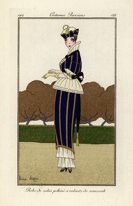 Woman in blue and yellow striped pekin silk satin dress