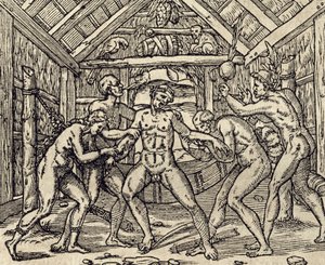 Care of patient in Caribbean islands, engraving by Andre Thevet