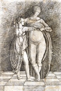 A young girl undresses a woman. Engraving by Andrea Zoan. 15th century. by Andrea (attr. to) Zoan