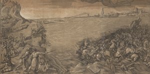 The crossing of the Red Sea, Moses stands at the left pointing to the army being submerged by Andrea Andreani