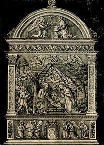 Nativity, terracotta altarpiece by Andrea della Robbia, woodcut from Le cento citta d