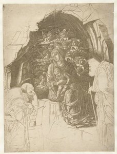 Mary with Child Surrounded by Angels in a Cave with Joseph and King in Adoration