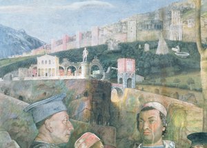 Arrival of Cardinal Francesco Gonzaga; idealised view of Rome: (detail)