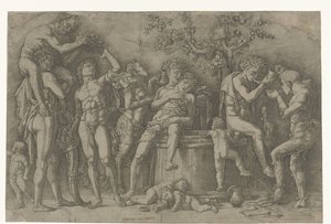 Bacchanal with Satyrs and Bacchantes by a Wine Press by Andrea Mantegna