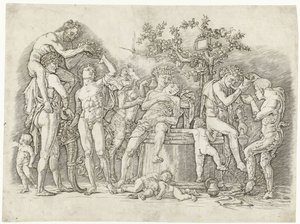 Bacchanal with Satyrs and Bacchantes at Wine Press by Andrea Mantegna