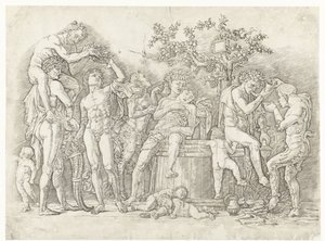 Bacchanal with Satyrs and Bacchantes at Wine Press by Andrea Mantegna