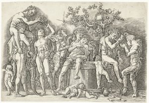 Bacchanal with Satyrs and Bacchantes by Wine Press by Andrea Mantegna