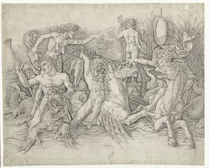 Battle Between Satyrs Riding Hippocampi and Old Woman as Personification of Envy Standing on Back of Dragon