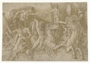 Battle between Satyrs Riding Hippocampi and Old Woman as Personification of Envy Standing on Back of Dragon (series title: Battle of Sea Gods) by Andrea Mantegna