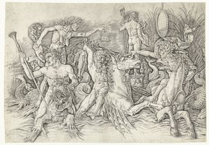 Battle Between Satyrs Riding Hippocampi and Old Woman as Personification of Envy Standing on Dragon