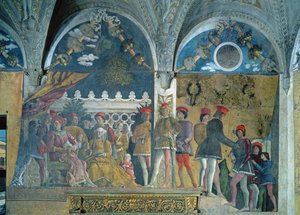 Marchese Ludovico Gonzaga III, his wife Barbara of Brandenburg, their children, courtiers and their dog Rubino, from the Camera degli Sposi or Camera Picta, 1465-74