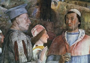Marchese Ludovico Gonzaga III greeting his son Cardinal Francesco Gonzaga: (detail) by Andrea Mantegna