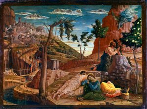 Prayer in the Garden of Olives. After the last supper, Christ goes to the hill of Gethsemani, which dominates Jerusalem with the Apostles. Roman soldiers are approaching to stop him. Altarpiece of San Zeno de Verona. Painting (tempera) on wood by Andrea Ma
