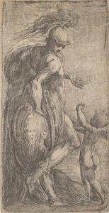 Mars Standing at the Left Leaning on a Shield, Cupid at the Right, ca. 1542-46 by Andrea Schiavone