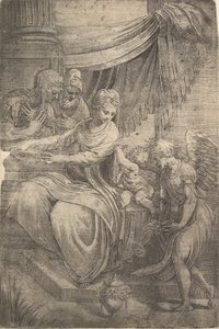 The Holy Family, an Angel Holding Flowers Approaching from the Right by Andrea Schiavone